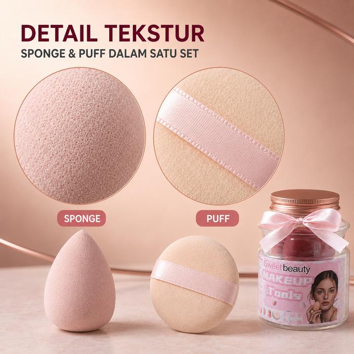 Sweet Beauty Makeup Sponge & Puff Set 12pcs dengan Storage Jar - Alat Makeup Wajah