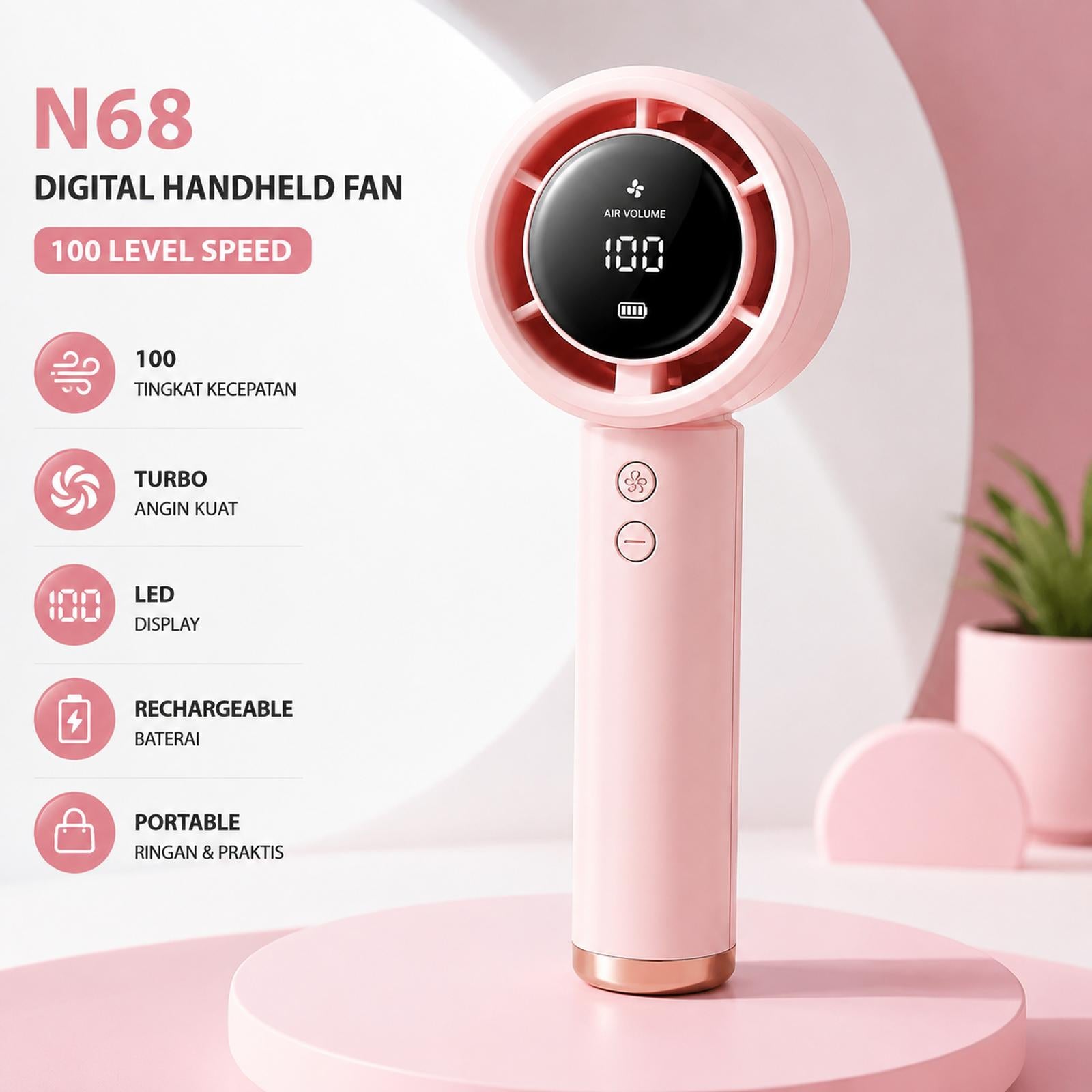 N68 Digital Handheld Fan Rechargeable USB - Kipas Angin Mini Portable 100 Level Speed