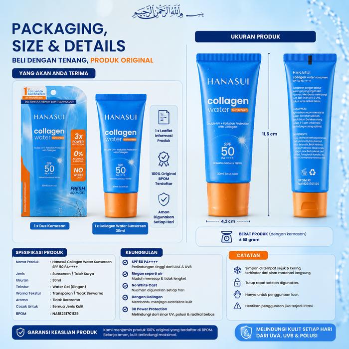 Hanasui Collagen Water Sunscreen SPF 50 PA++++ 30ml - Sunscreen Aqua Gel No White Cast