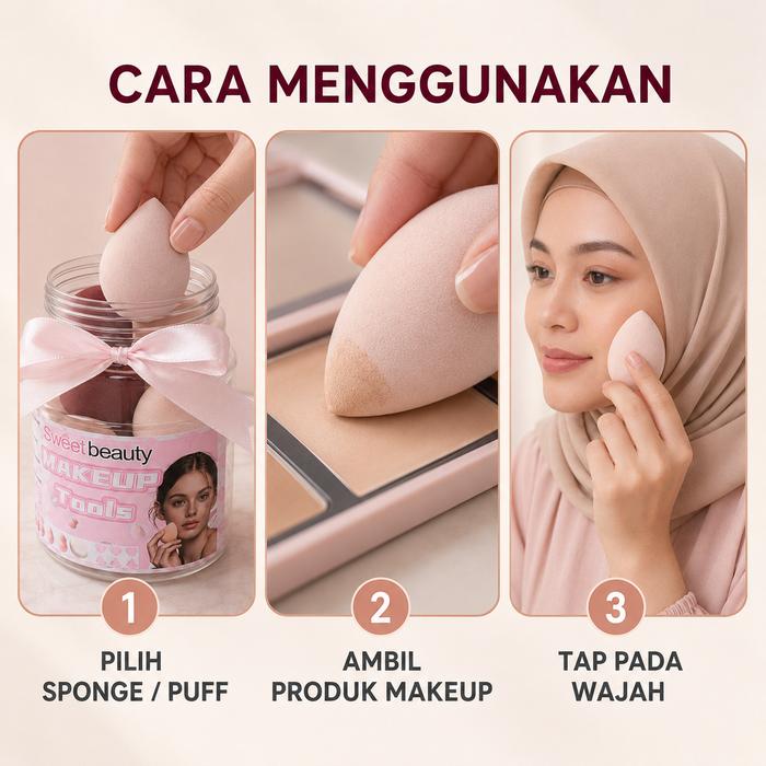 Sweet Beauty Makeup Sponge & Puff Set 12pcs dengan Storage Jar - Alat Makeup Wajah