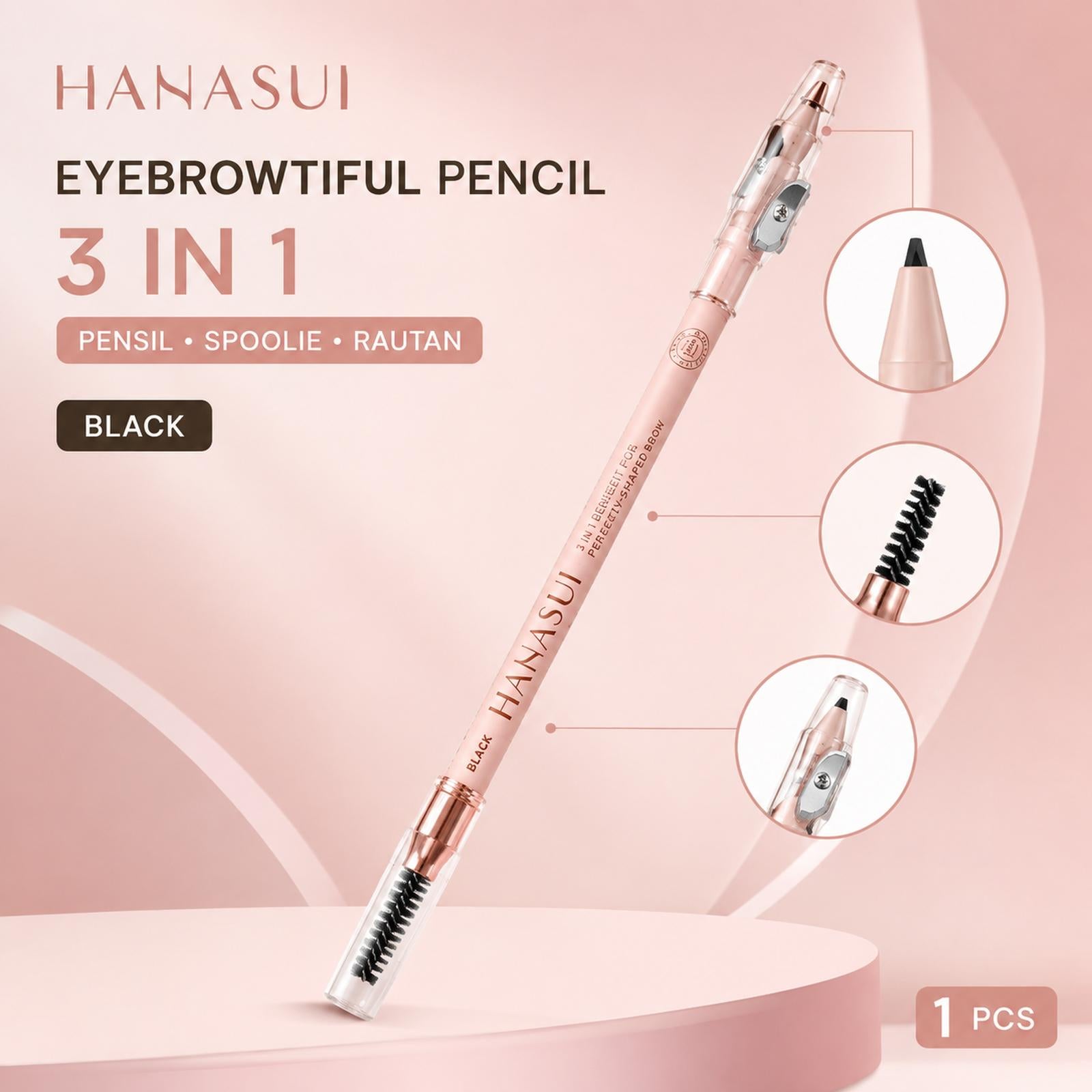 Hanasui Eyebrowtiful Pencil 3 in 1 Black 1.6g - Pensil Alis + Spoolie + Rautan