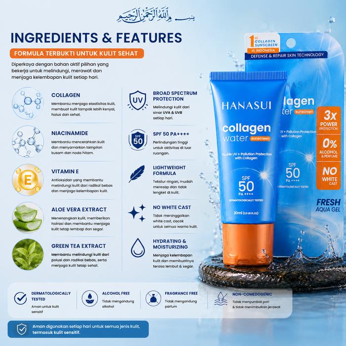Hanasui Collagen Water Sunscreen SPF 50 PA++++ 30ml - Sunscreen Aqua Gel No White Cast