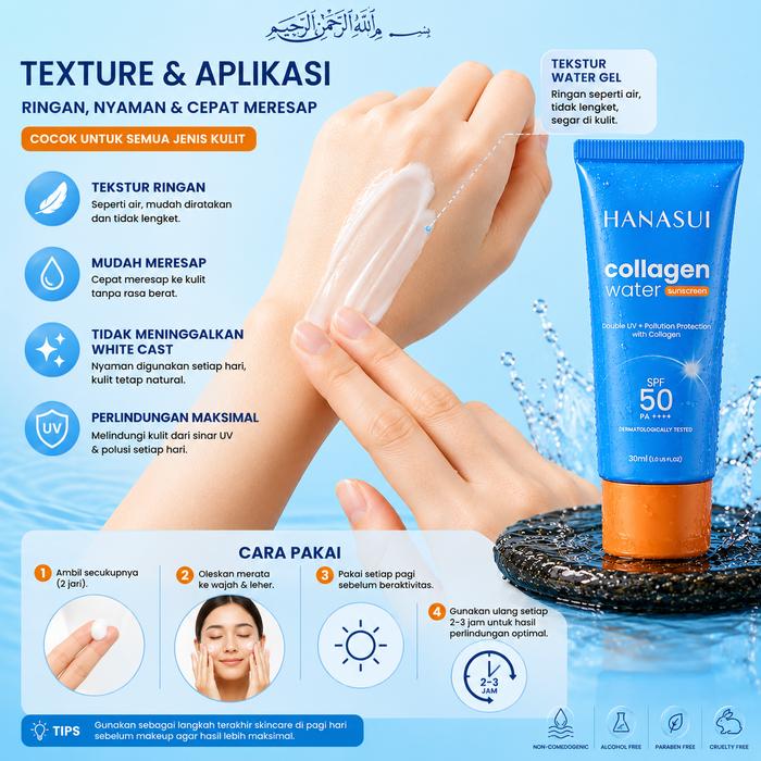 Hanasui Collagen Water Sunscreen SPF 50 PA++++ 30ml - Sunscreen Aqua Gel No White Cast