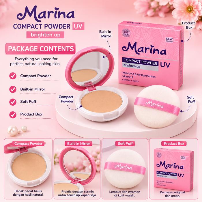 Marina Compact Powder UV Brighten Up 12g - Bedak Padat Wajah untuk Tampilan Cerah & Halus