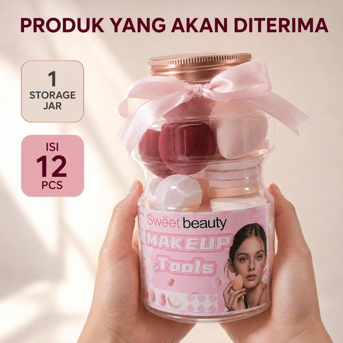 Sweet Beauty Makeup Sponge & Puff Set 12pcs dengan Storage Jar - Alat Makeup Wajah