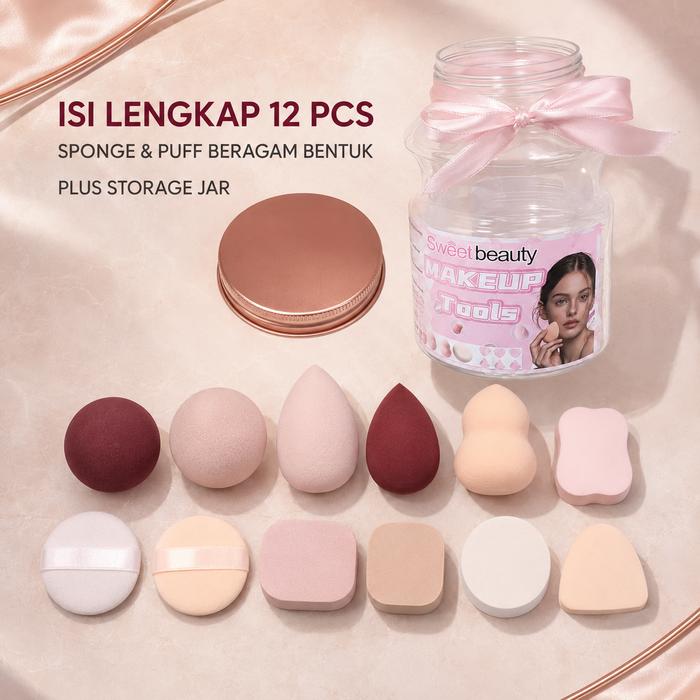 Sweet Beauty Makeup Sponge & Puff Set 12pcs dengan Storage Jar - Alat Makeup Wajah