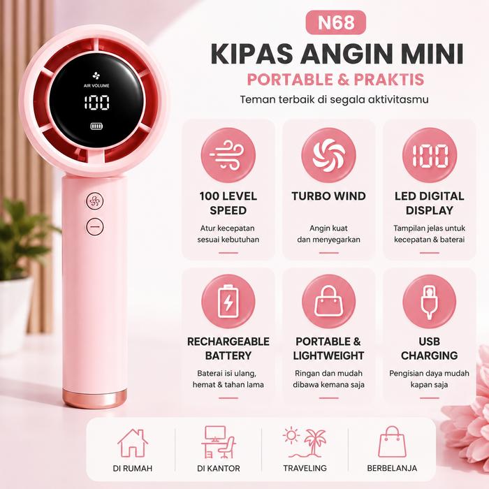 N68 Digital Handheld Fan Rechargeable USB - Kipas Angin Mini Portable 100 Level Speed