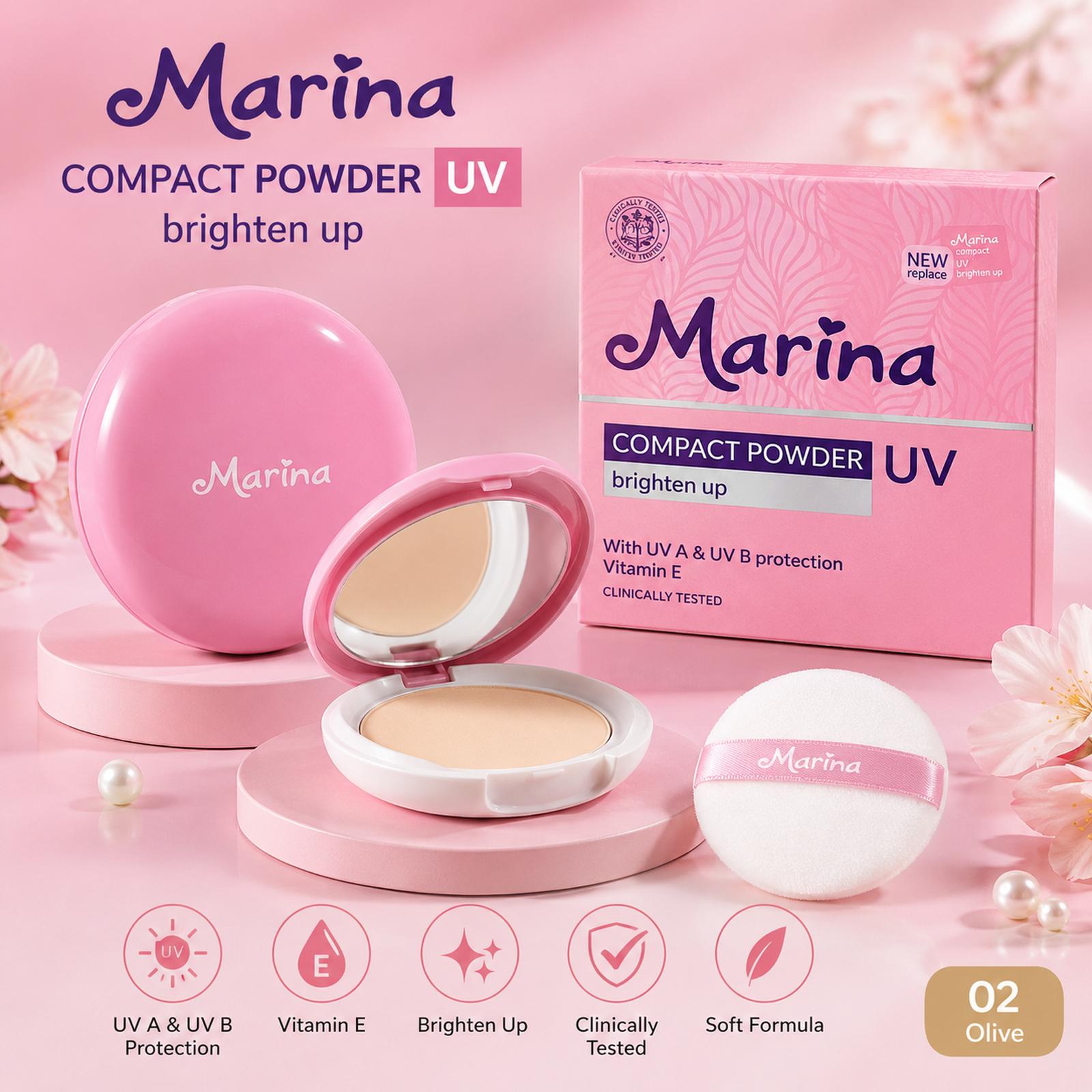 Marina Compact Powder UV Brighten Up 12g - Bedak Padat Wajah untuk Tampilan Cerah & Halus