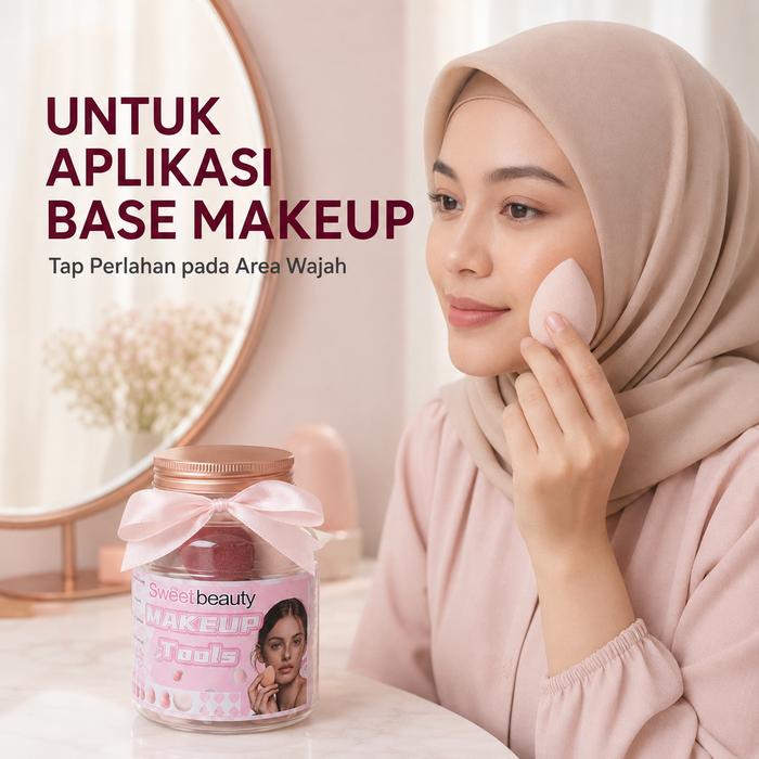 Sweet Beauty Makeup Sponge & Puff Set 12pcs dengan Storage Jar - Alat Makeup Wajah