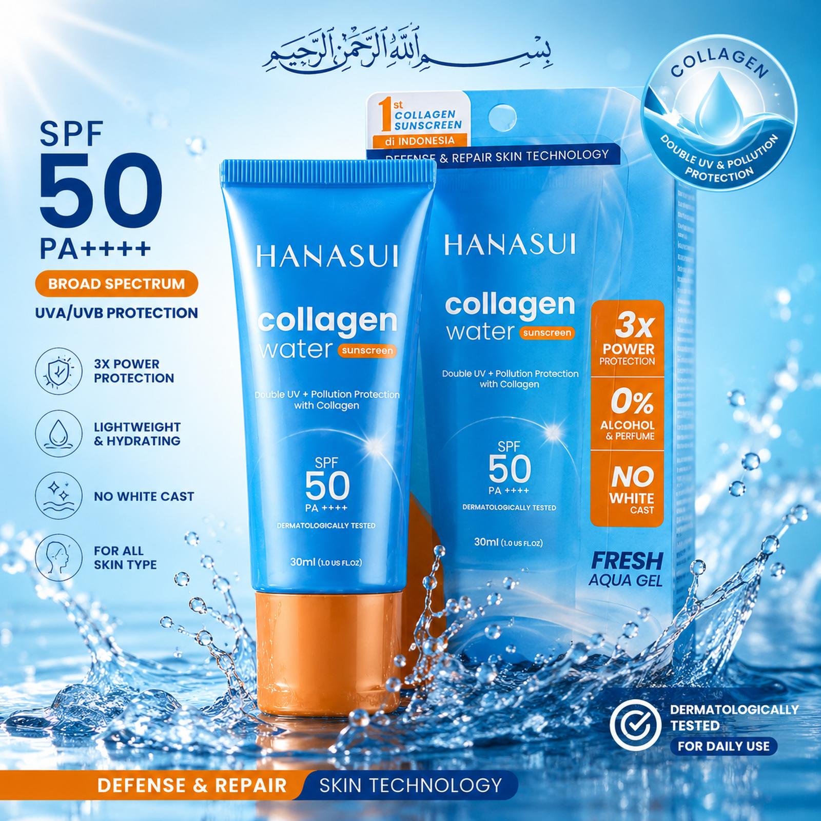 Hanasui Collagen Water Sunscreen SPF 50 PA++++ 30ml - Sunscreen Aqua Gel No White Cast