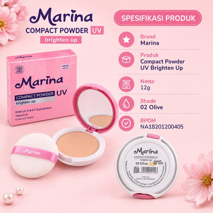 Marina Compact Powder UV Brighten Up 12g - Bedak Padat Wajah untuk Tampilan Cerah & Halus