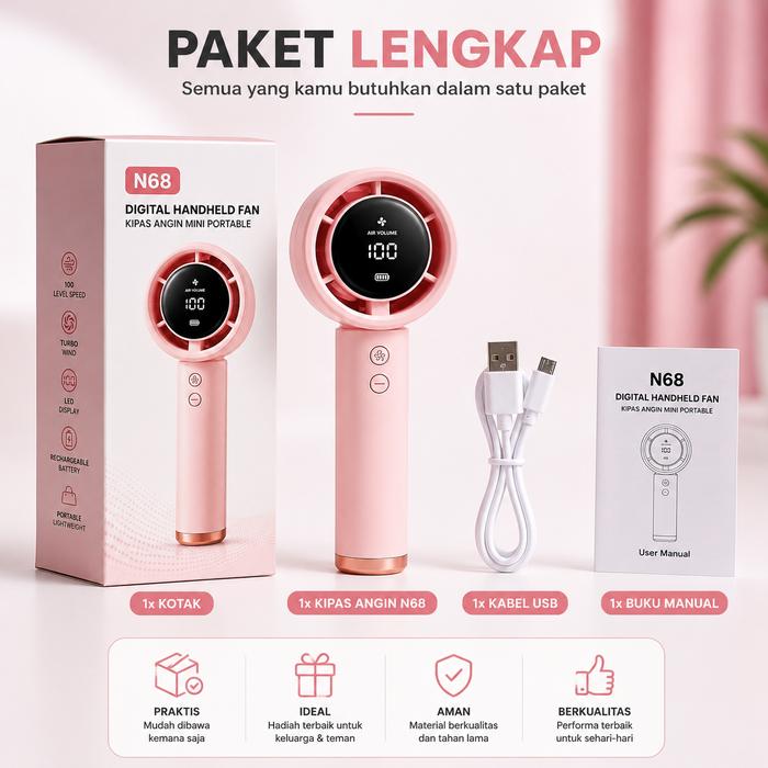 N68 Digital Handheld Fan Rechargeable USB - Kipas Angin Mini Portable 100 Level Speed