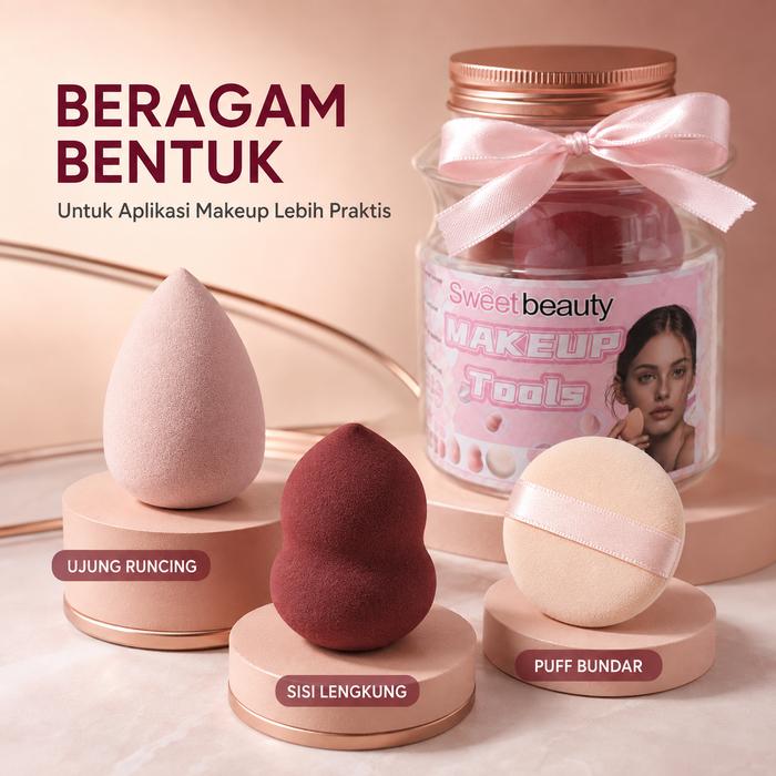 Sweet Beauty Makeup Sponge & Puff Set 12pcs dengan Storage Jar - Alat Makeup Wajah