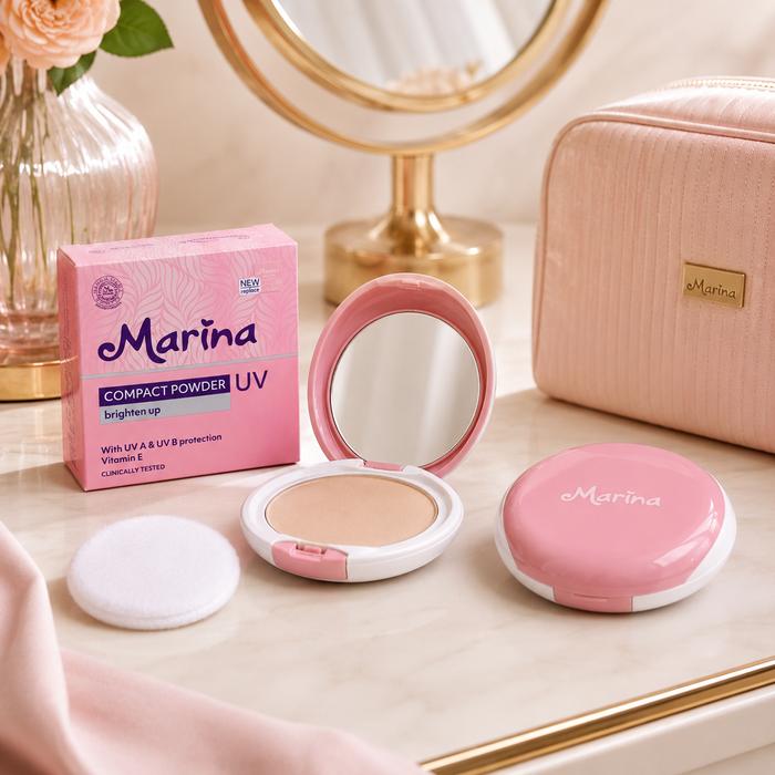 Marina Compact Powder UV Brighten Up 12g - Bedak Padat Wajah untuk Tampilan Cerah & Halus