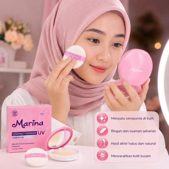 Marina Compact Powder UV Brighten Up 12g - Bedak Padat Wajah untuk Tampilan Cerah & Halus