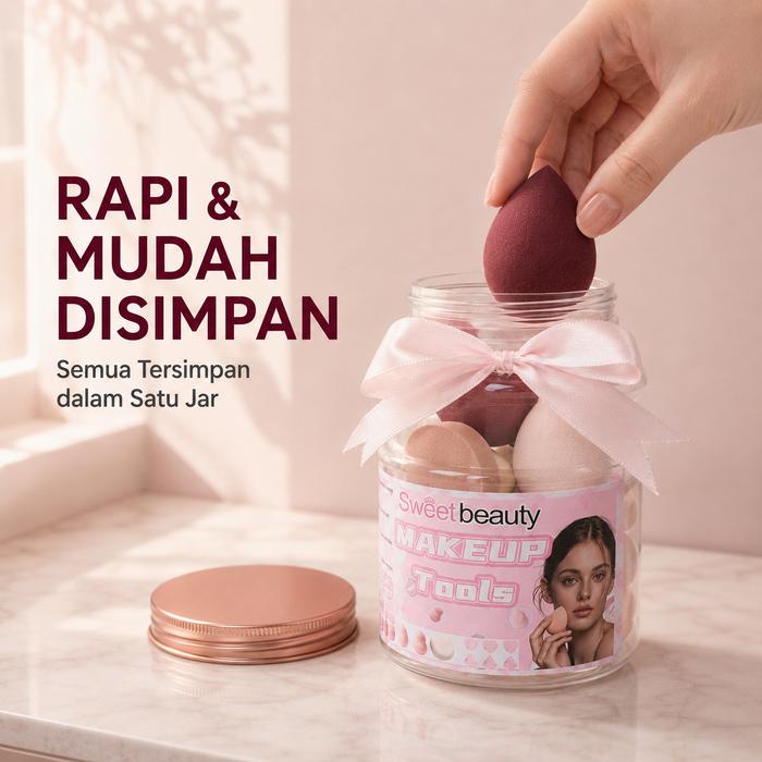 Sweet Beauty Makeup Sponge & Puff Set 12pcs dengan Storage Jar - Alat Makeup Wajah