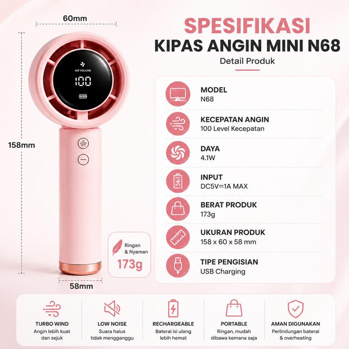 N68 Digital Handheld Fan Rechargeable USB - Kipas Angin Mini Portable 100 Level Speed
