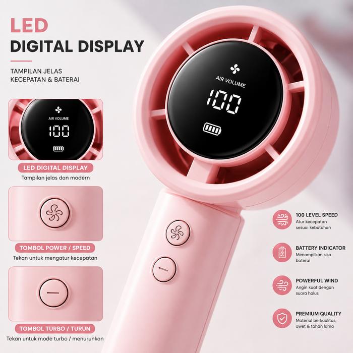 N68 Digital Handheld Fan Rechargeable USB - Kipas Angin Mini Portable 100 Level Speed