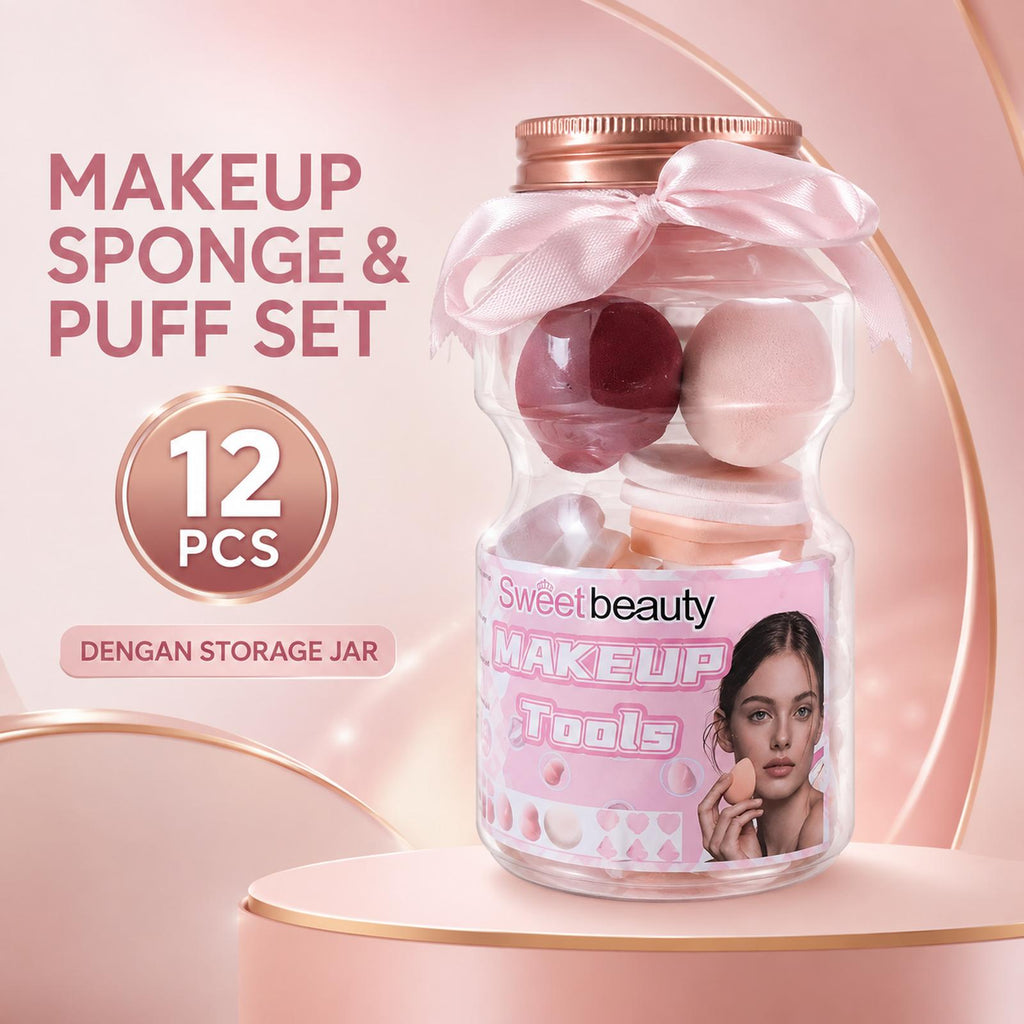 Sweet Beauty Makeup Sponge & Puff Set 12pcs dengan Storage Jar - Alat Makeup Wajah