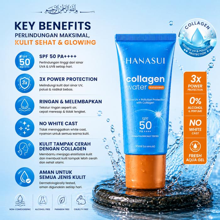 Hanasui Collagen Water Sunscreen SPF 50 PA++++ 30ml - Sunscreen Aqua Gel No White Cast