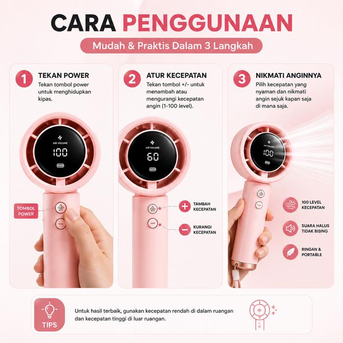 N68 Digital Handheld Fan Rechargeable USB - Kipas Angin Mini Portable 100 Level Speed